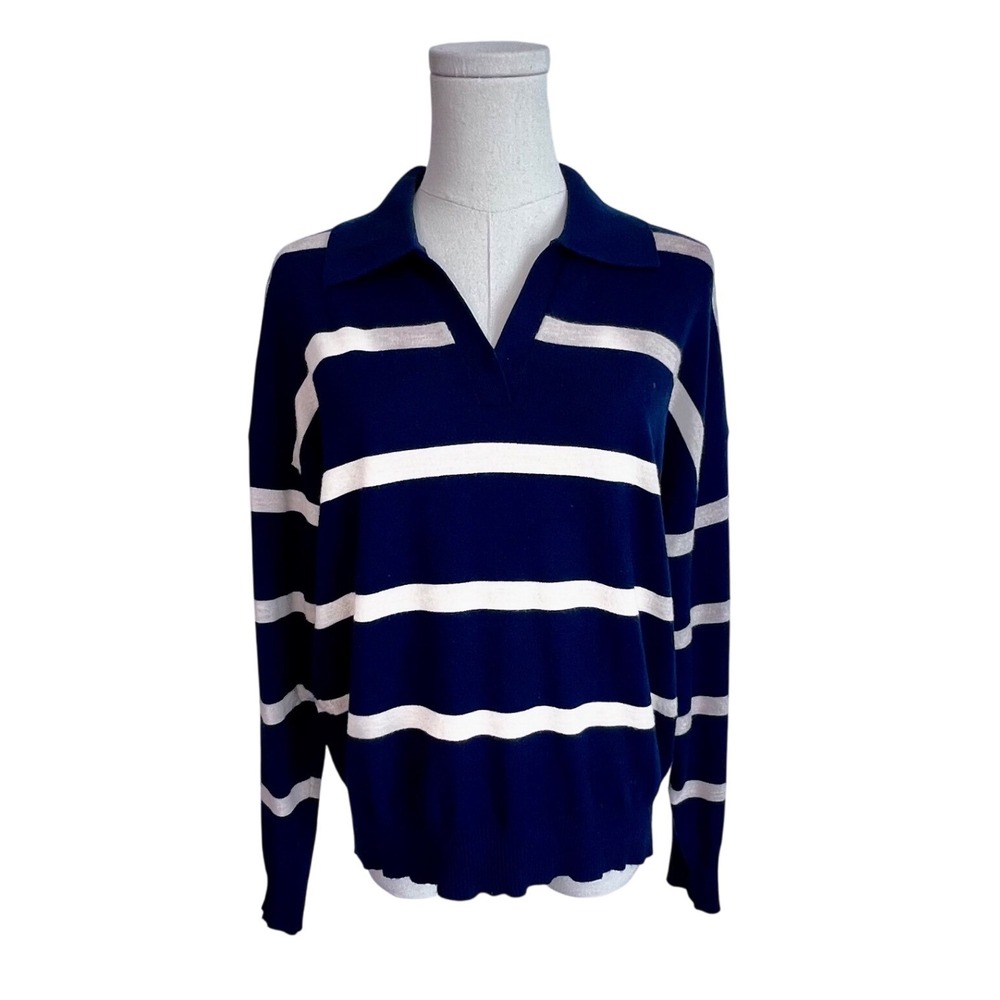 Truth Navy Blue Tan Striped Polo Sweater Women's Large Gold Button Cuff Nautical